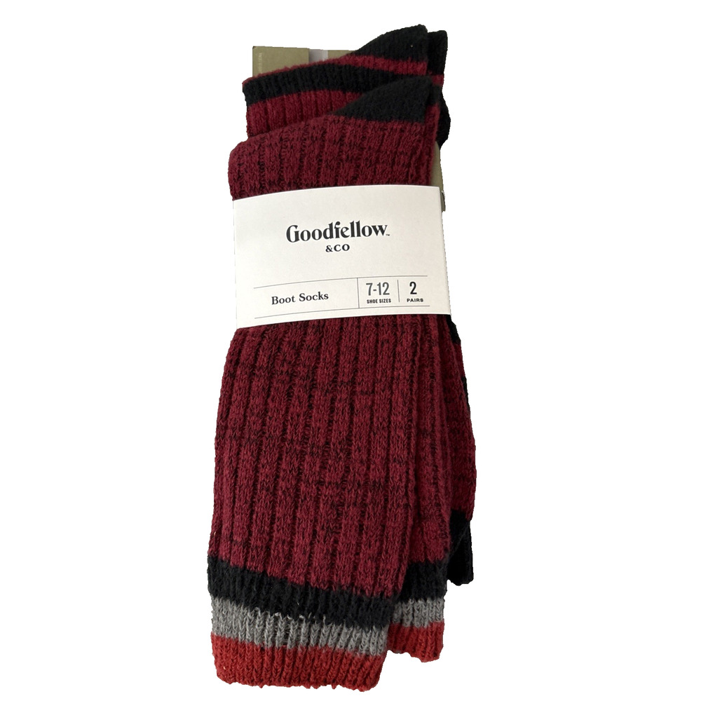 Goodfellow & Co Mens Boot Socks 2 Pairs Maroon Red Stripes, Shoe Size 7-12 NEW